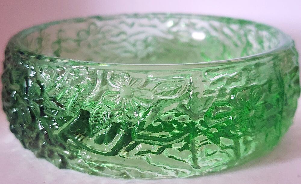 Vintage Avon Green Glass Trinket Dish Embossed Floral Pattern